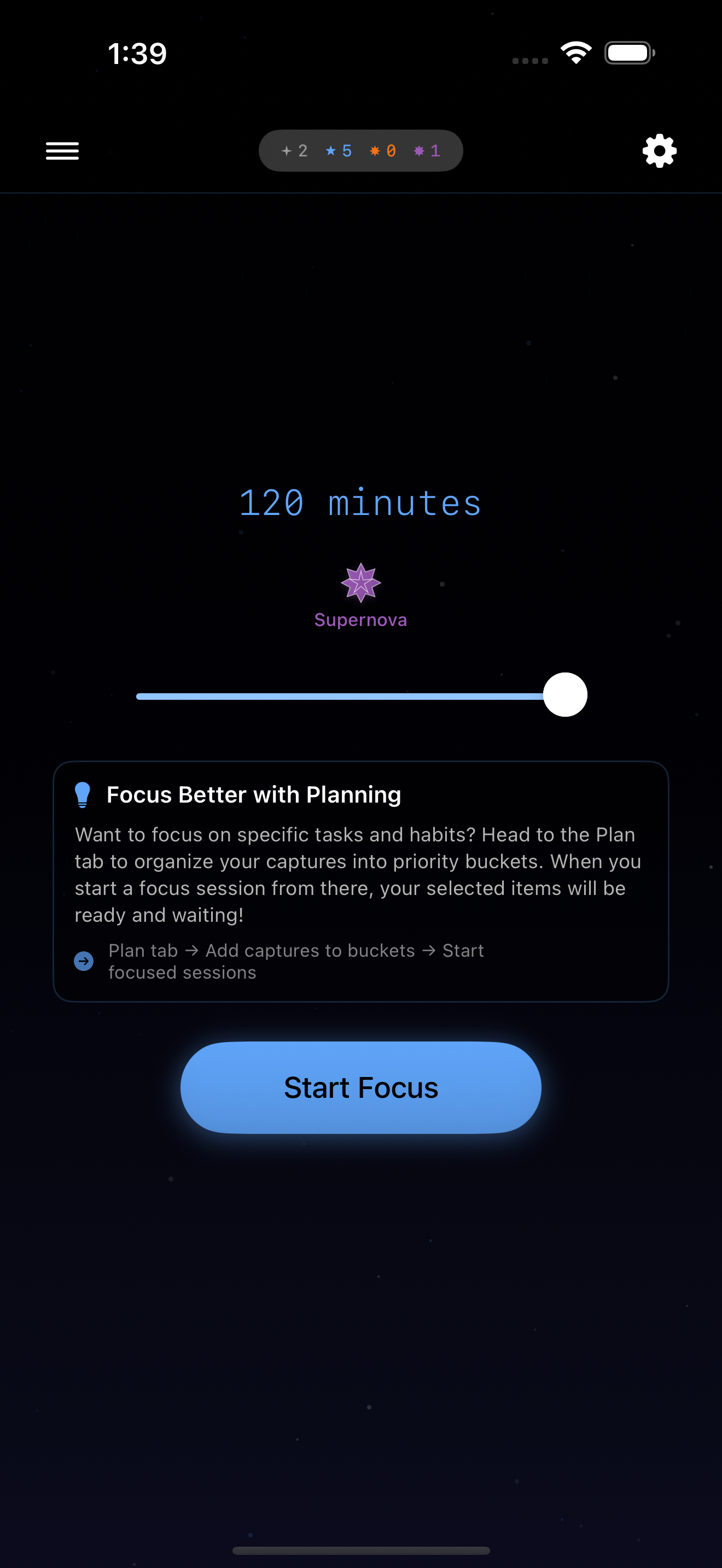 Focus session home screen